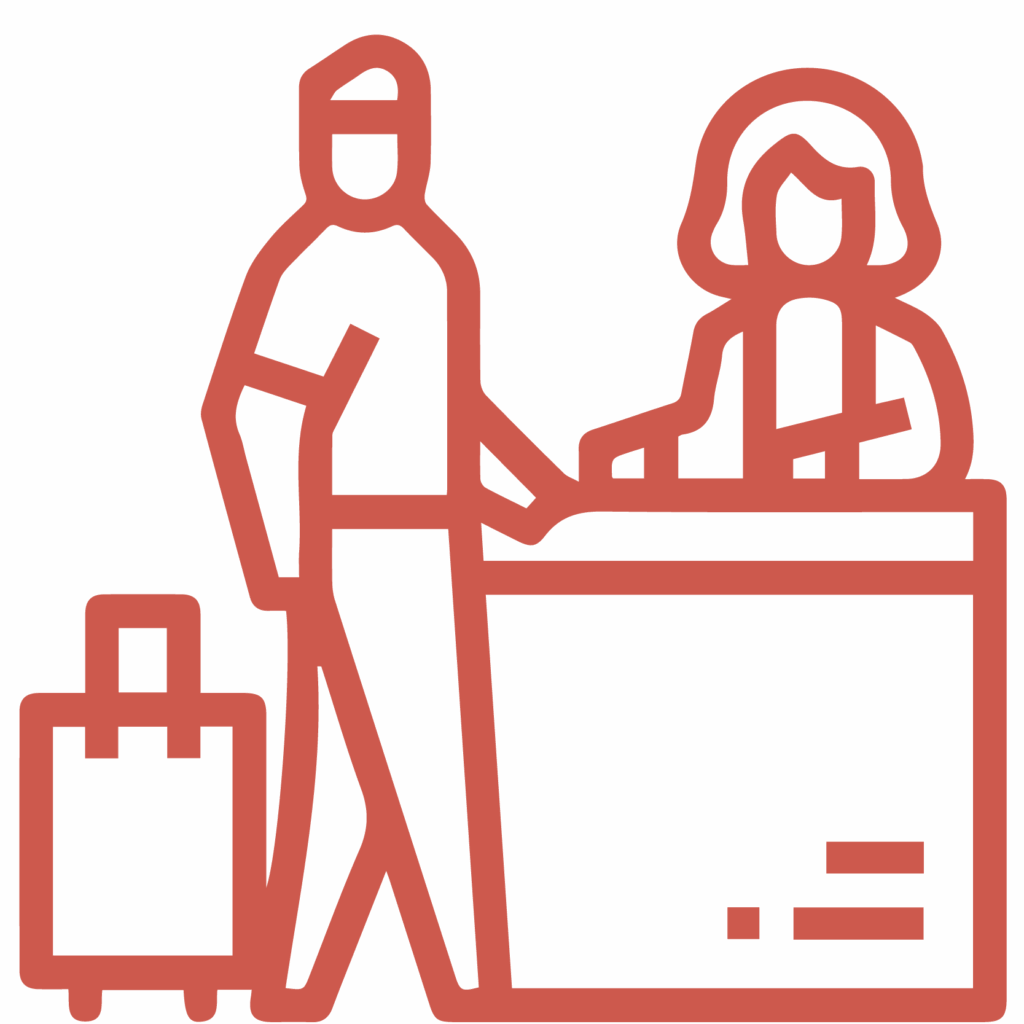 logo hombre con maleta en una recepción en naranja