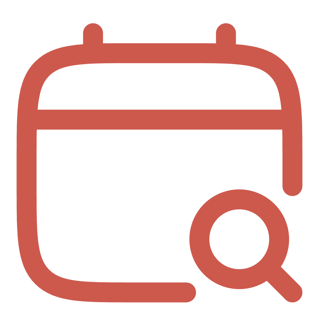 Icono de un calendario con una lupa en naranja